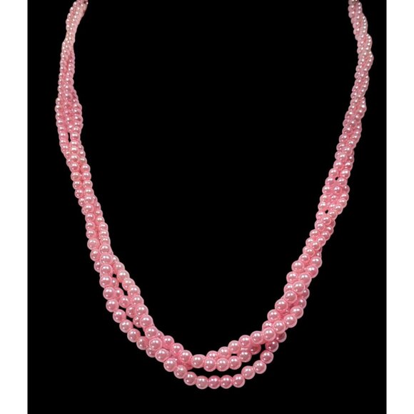 Coquette Pink Faux Pearl Triple Strand Twisted Necklace - Picture 2 of 6